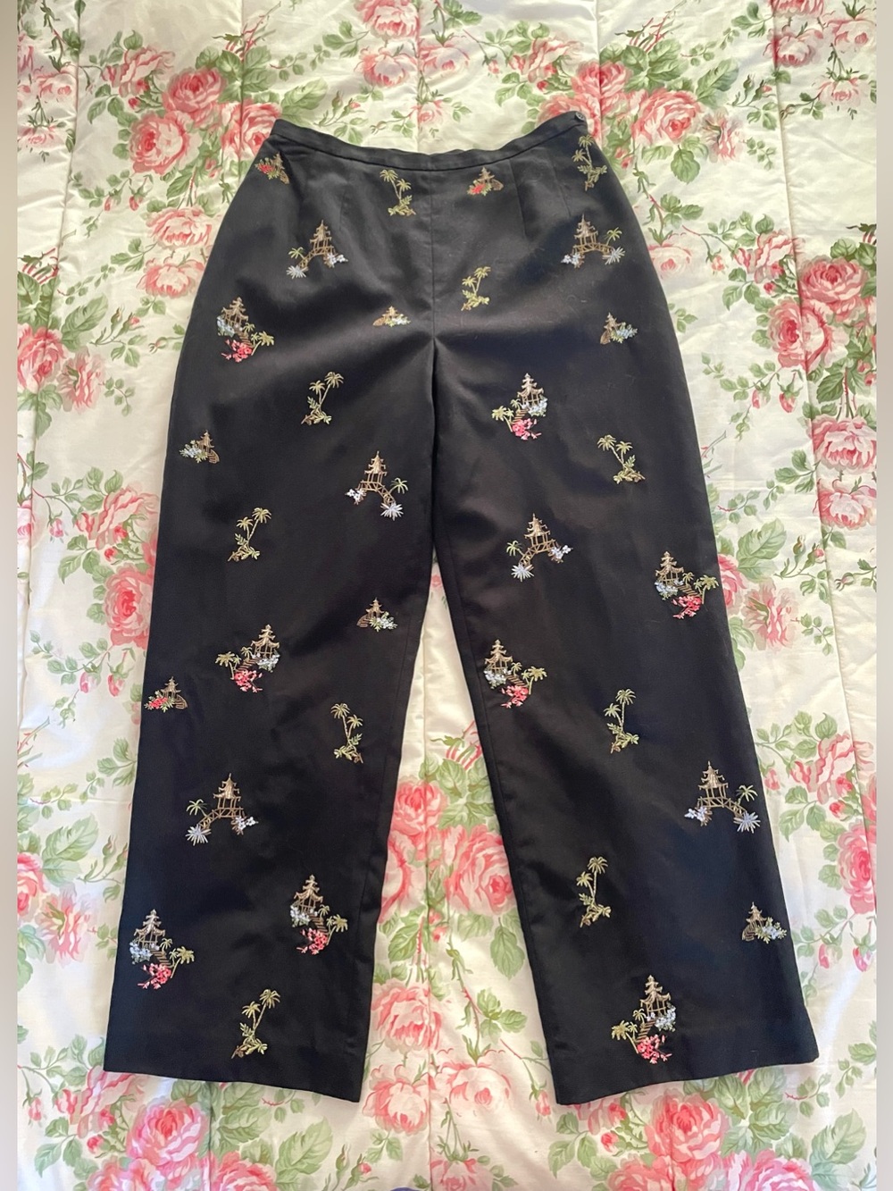 Talbots Crop Wide Leg Pants w Asian Embroidery Silk Cotton Blend Sz 4